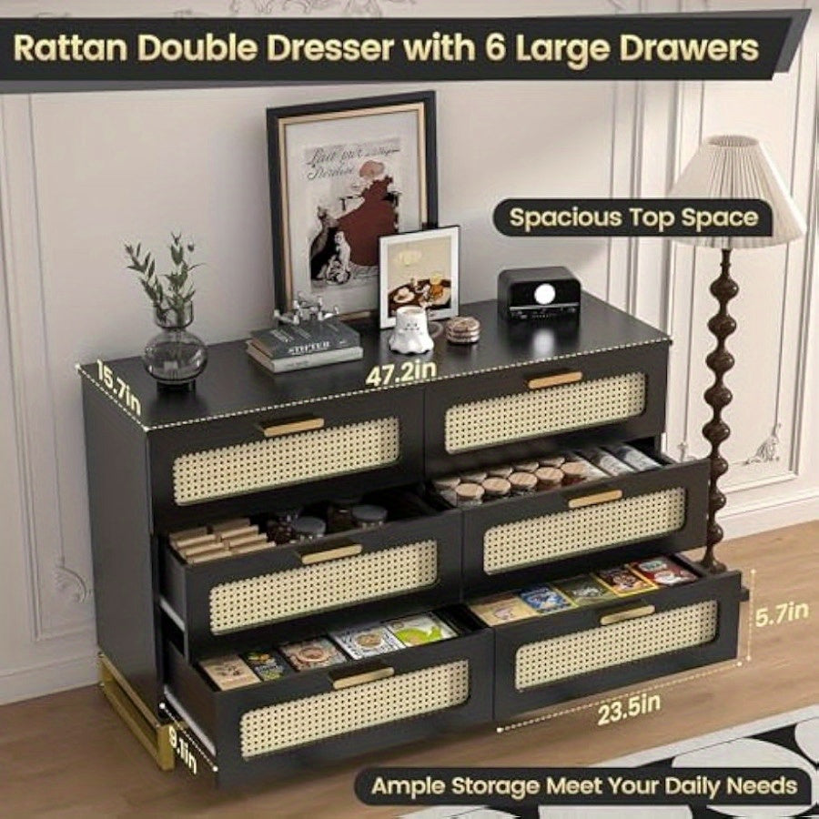 Rattan Dresser, 6 Drawer Dresser for Bedroom with Sturdy Metal Frame & Golden Handles, Black Dresser for Living Room, Dressing Room, Closet, Hallway, Feet Adjustable