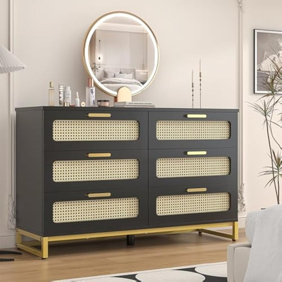 Rattan Dresser, 6 Drawer Dresser for Bedroom with Sturdy Metal Frame & Golden Handles, Black Dresser for Living Room, Dressing Room, Closet, Hallway, Feet Adjustable