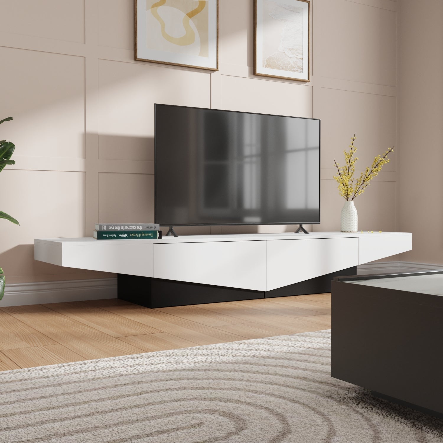 Modern media console TV stand with 2 drawers, suitable for living rooms, stylish design, black and white