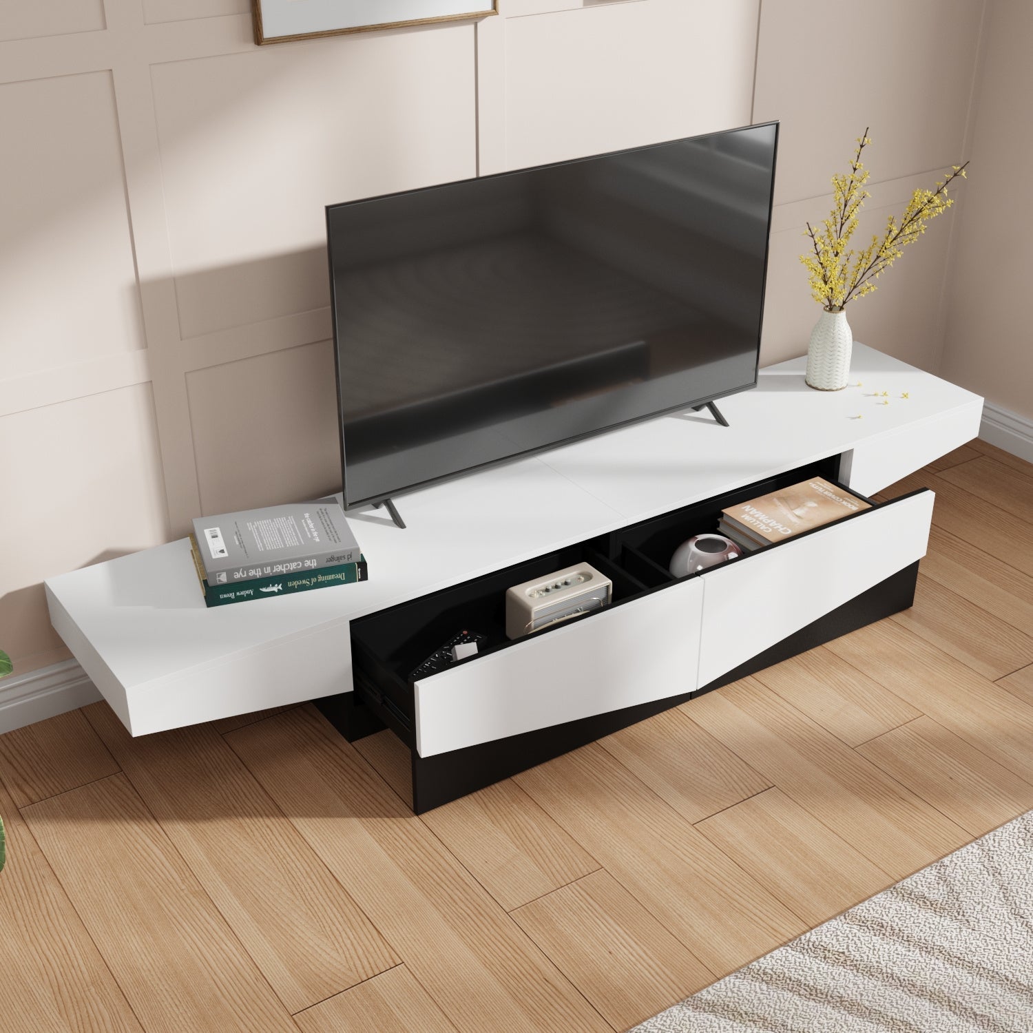 Modern media console TV stand with 2 drawers, suitable for living rooms, stylish design, black and white