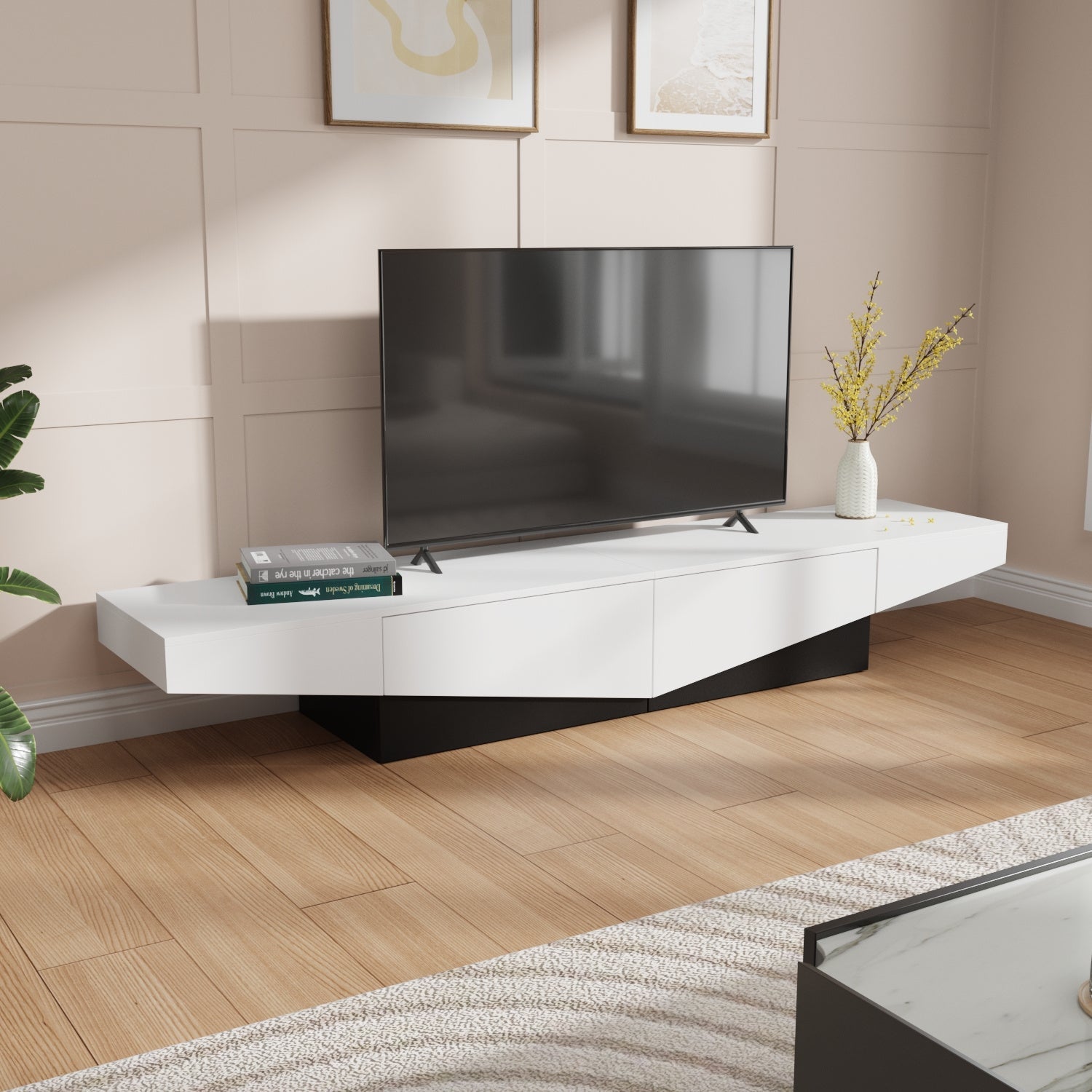 Modern media console TV stand with 2 drawers, suitable for living rooms, stylish design, black and white