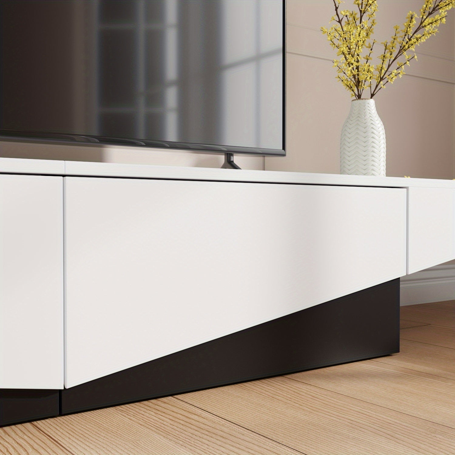 Modern media console TV stand with 2 drawers, suitable for living rooms, stylish design, black and white