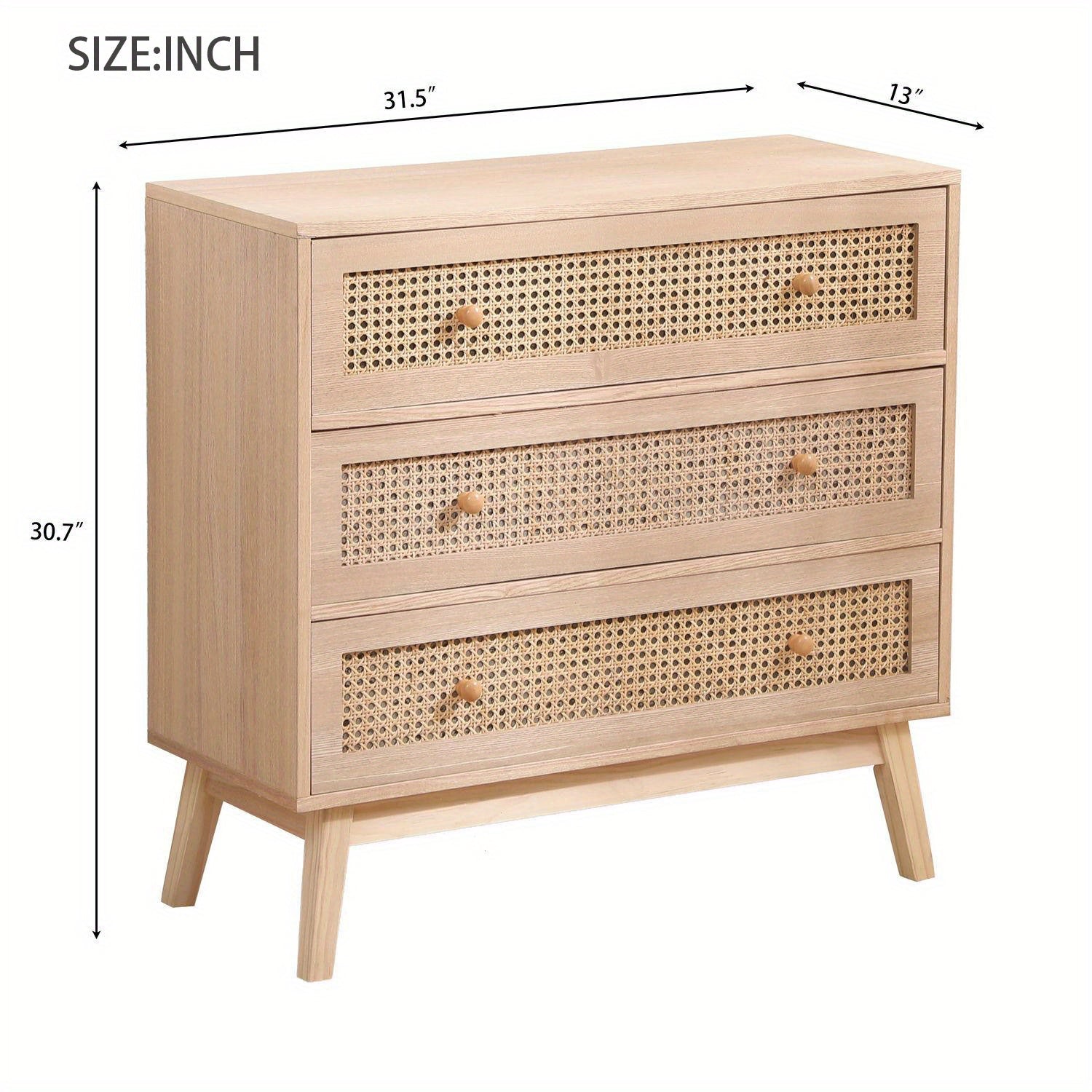 80cm 3 Drawer Rattan Storage Cabinet Rattan Drawer, Bedroom Dresser, Chest of Drawers, Storage Organization Unit with Round Wood Handles for Bedroom, Living Room, Storage Drawer Units