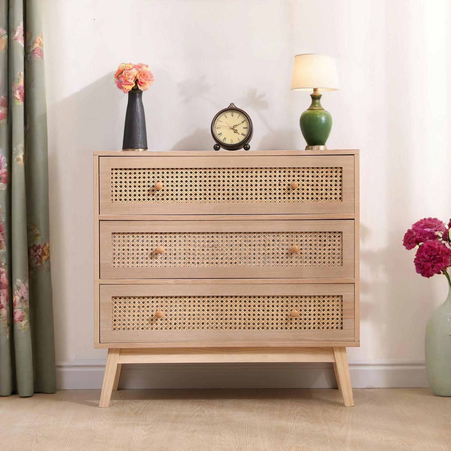 80cm 3 Drawer Rattan Storage Cabinet Rattan Drawer, Bedroom Dresser, Chest of Drawers, Storage Organization Unit with Round Wood Handles for Bedroom, Living Room, Storage Drawer Units