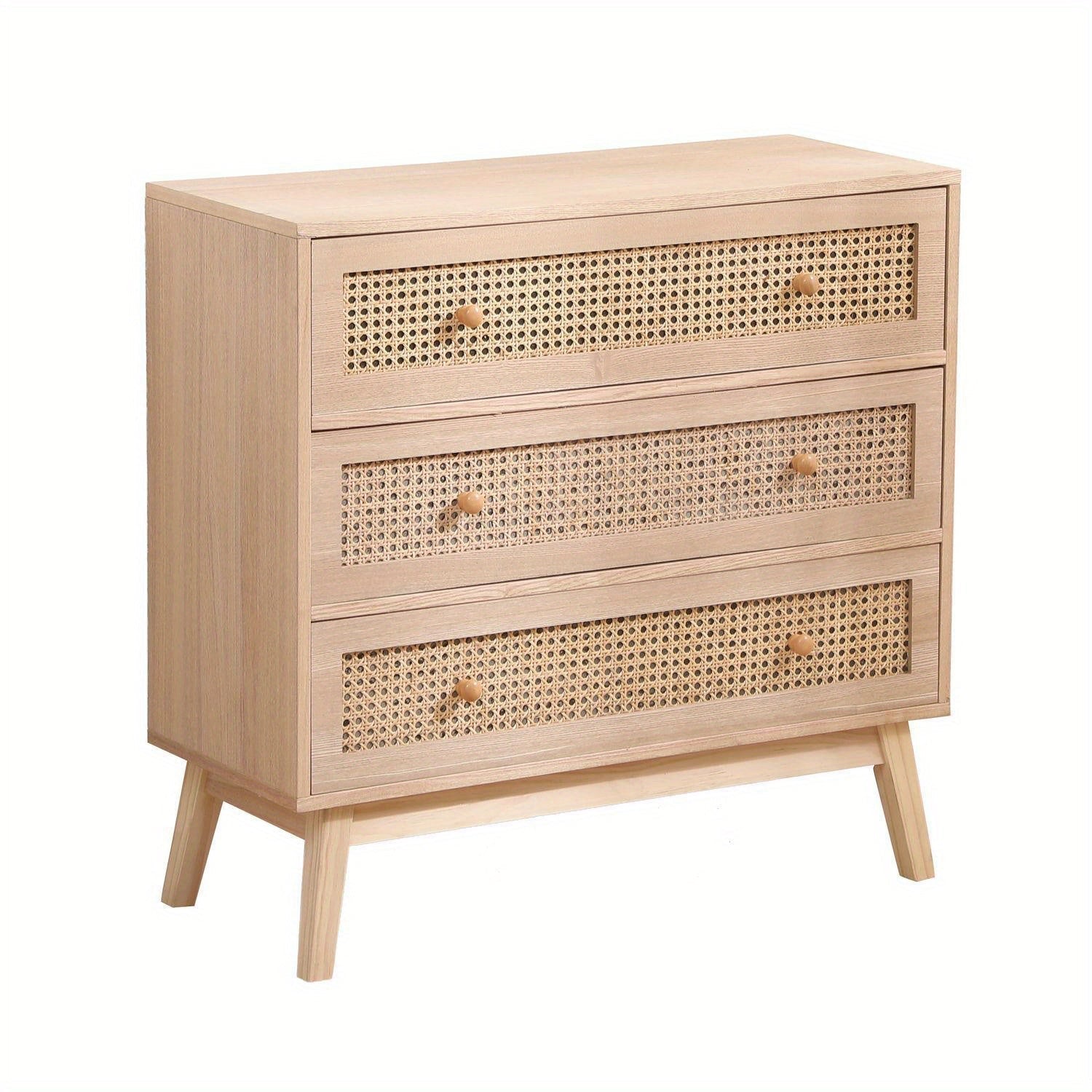 80cm 3 Drawer Rattan Storage Cabinet Rattan Drawer, Bedroom Dresser, Chest of Drawers, Storage Organization Unit with Round Wood Handles for Bedroom, Living Room, Storage Drawer Units