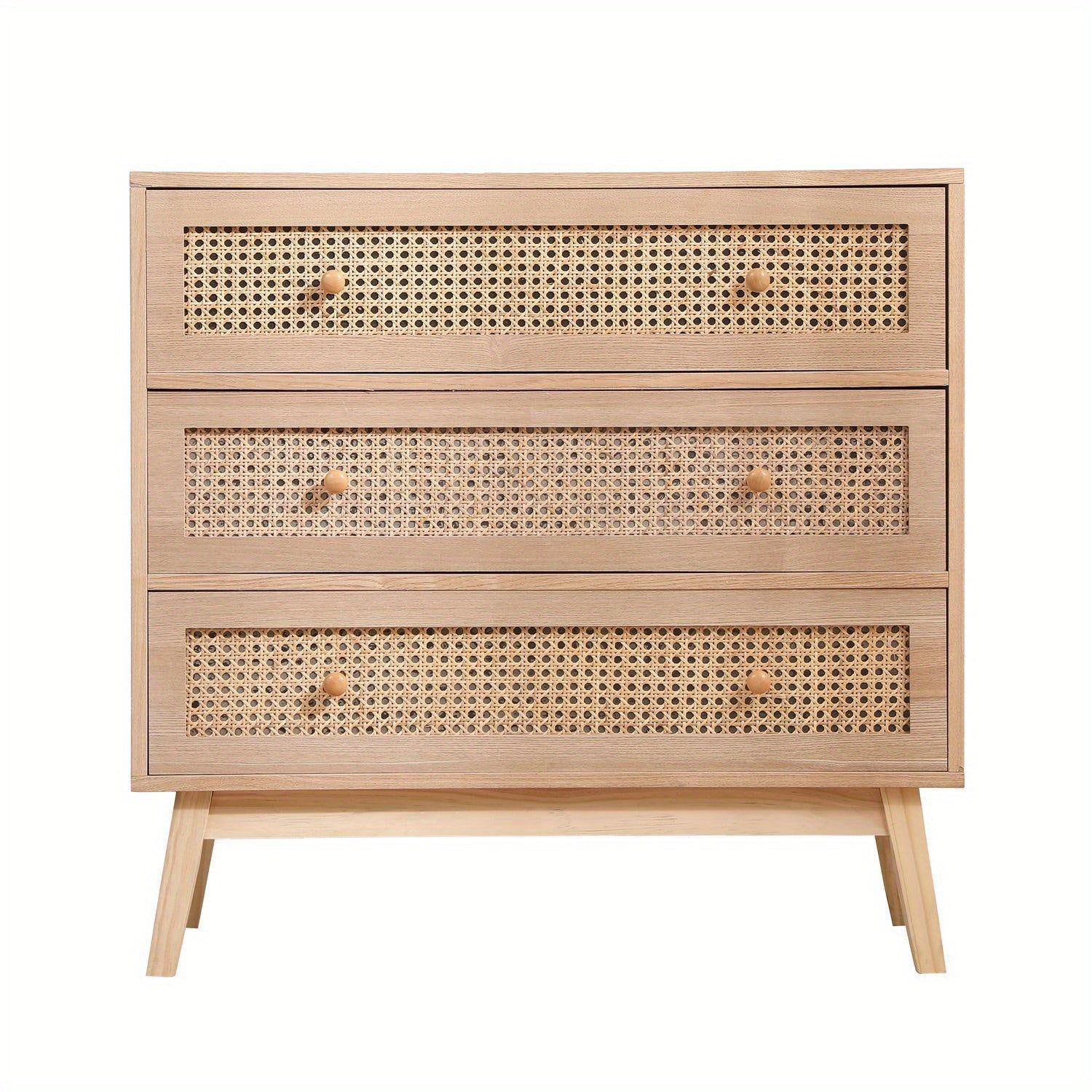 80cm 3 Drawer Rattan Storage Cabinet Rattan Drawer, Bedroom Dresser, Chest of Drawers, Storage Organization Unit with Round Wood Handles for Bedroom, Living Room, Storage Drawer Units