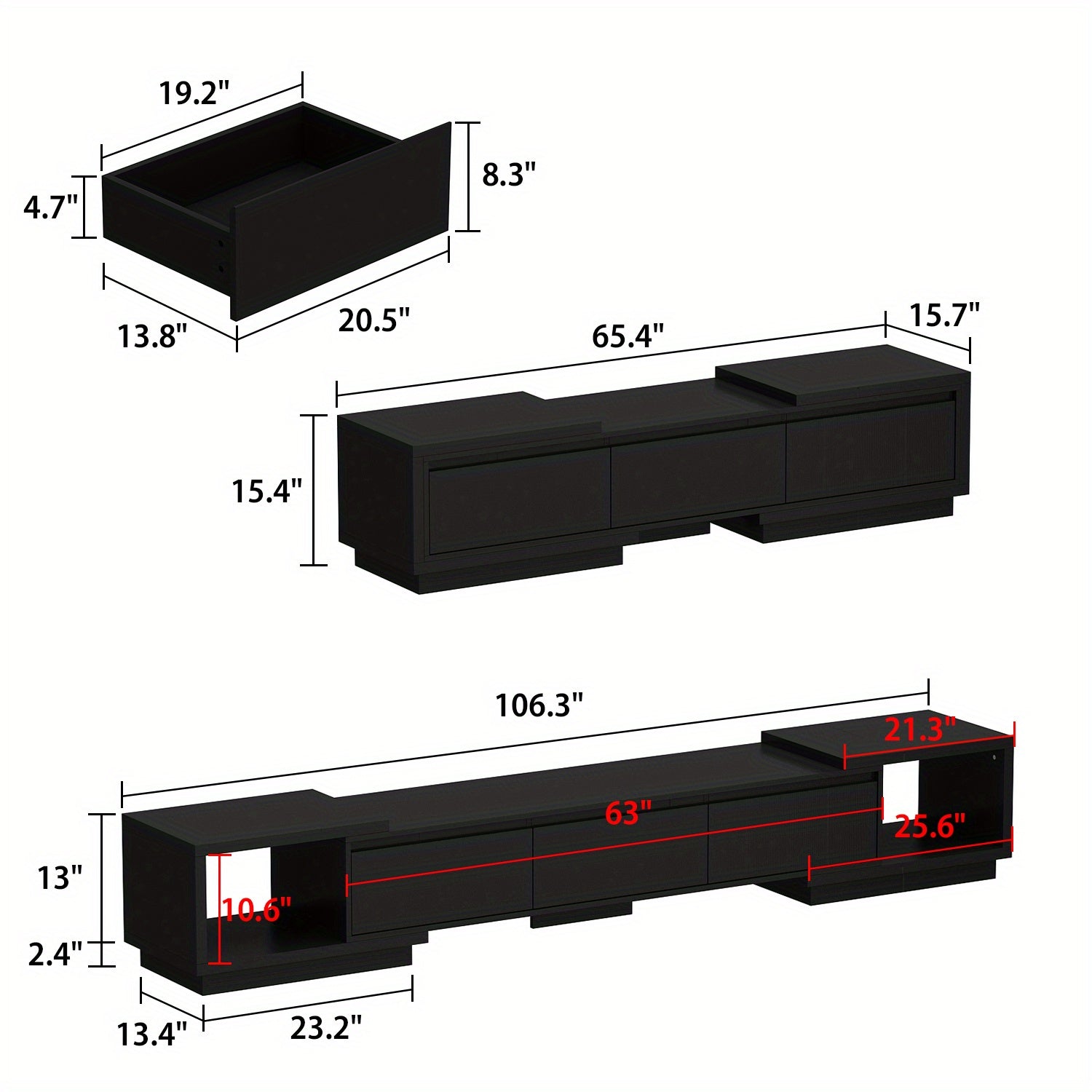 Modern TV stand with 3 drawers, stretchable and expandable TV stand for TVs up to 305cm, adjustable width wooden gaming and entertainment center media stand