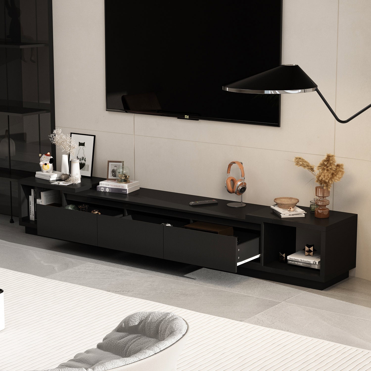 Modern TV stand with 3 drawers, stretchable and expandable TV stand for TVs up to 305cm, adjustable width wooden gaming and entertainment center media stand