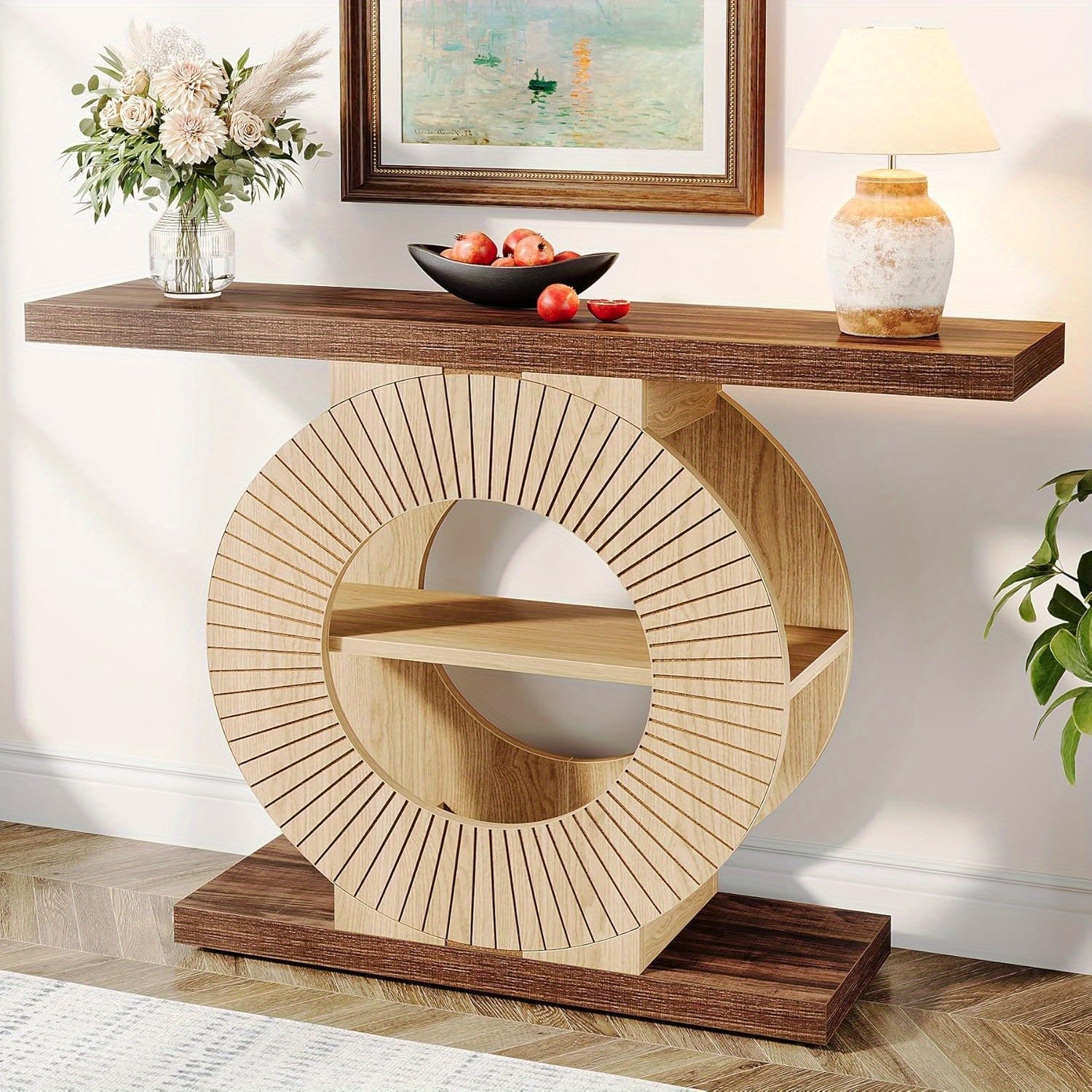 Entryway Table with Storage, Wood Console Table for Living Room Entryway, 100 cm Sofa Table Small Accent Hallway Table with Shelves and Circle Base