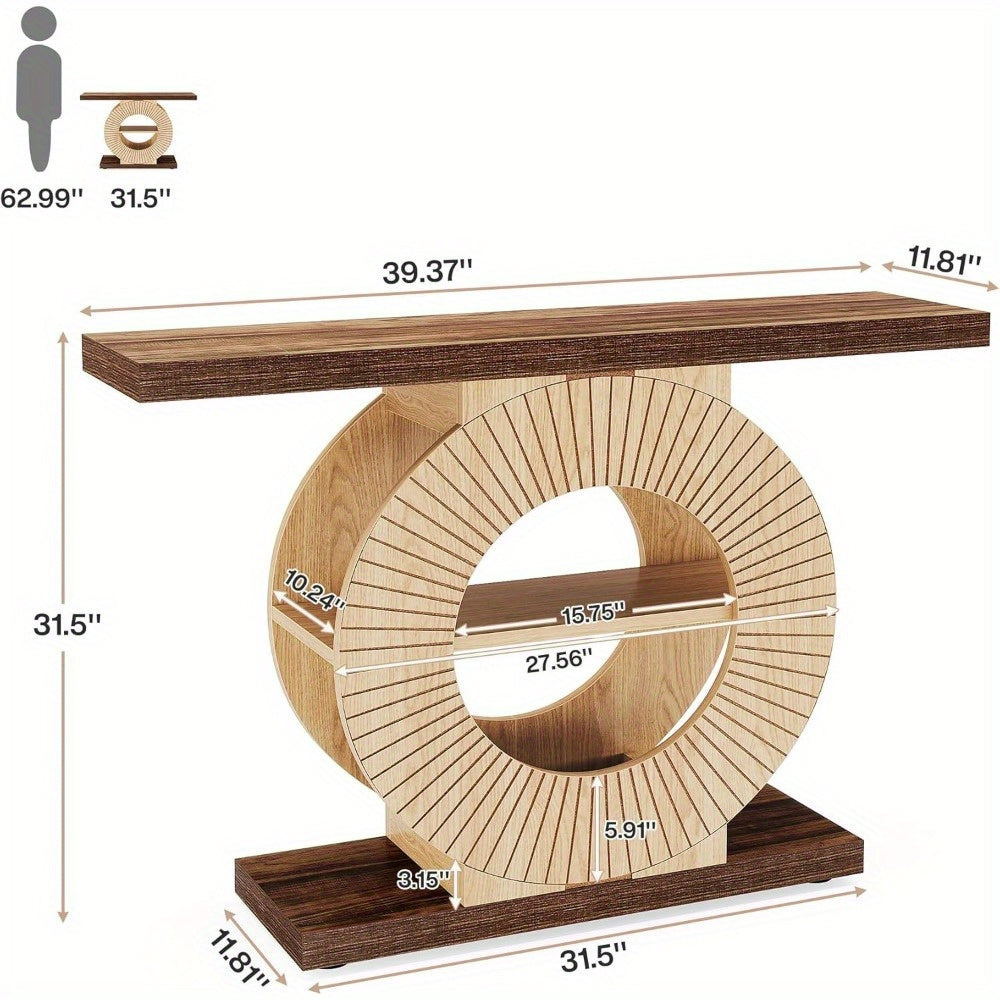 Entryway Table with Storage, Wood Console Table for Living Room Entryway, 100 cm Sofa Table Small Accent Hallway Table with Shelves and Circle Base