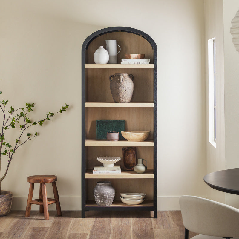 Modern 5 Shelf Open Arched Bookshelf - Black