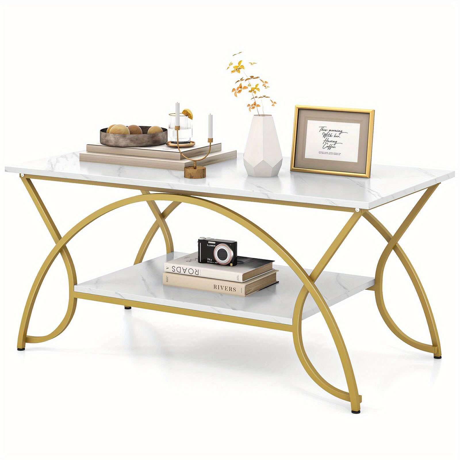 Coffee Table Modern Marble 2-Tier Coffee Table Golden Rectangle for Living Room