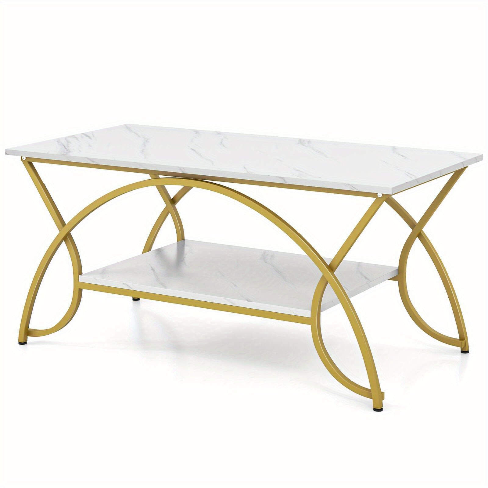 Coffee Table Modern Marble 2-Tier Coffee Table Golden Rectangle for Living Room