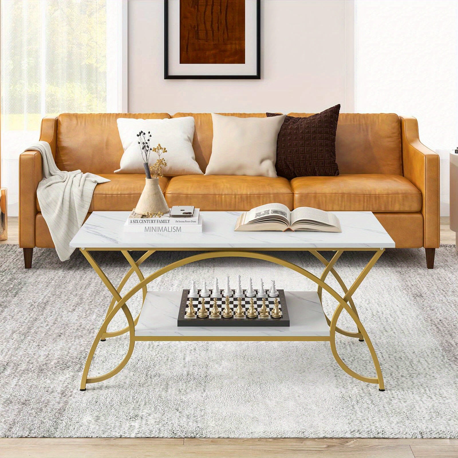 Coffee Table Modern Marble 2-Tier Coffee Table Golden Rectangle for Living Room