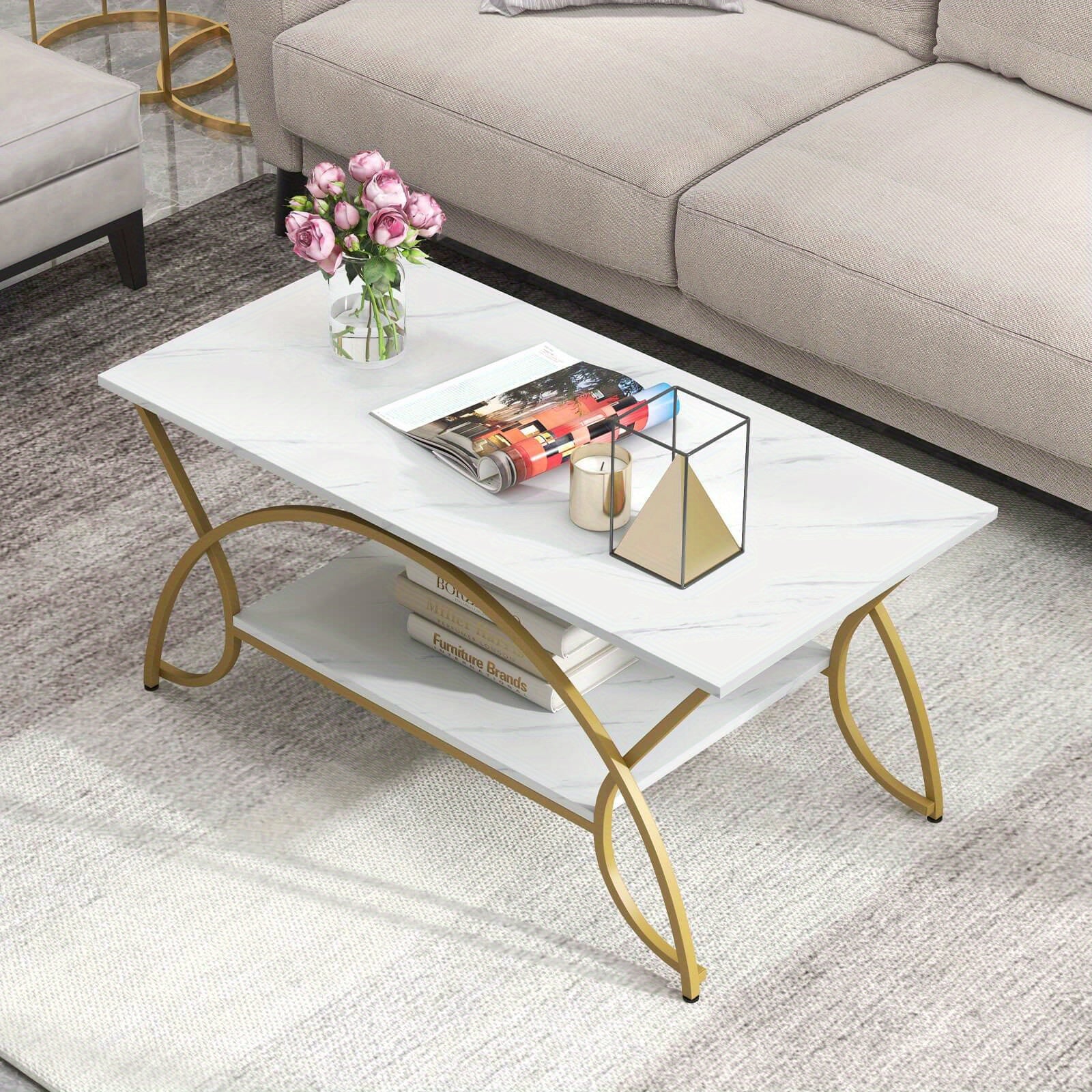 Coffee Table Modern Marble 2-Tier Coffee Table Golden Rectangle for Living Room