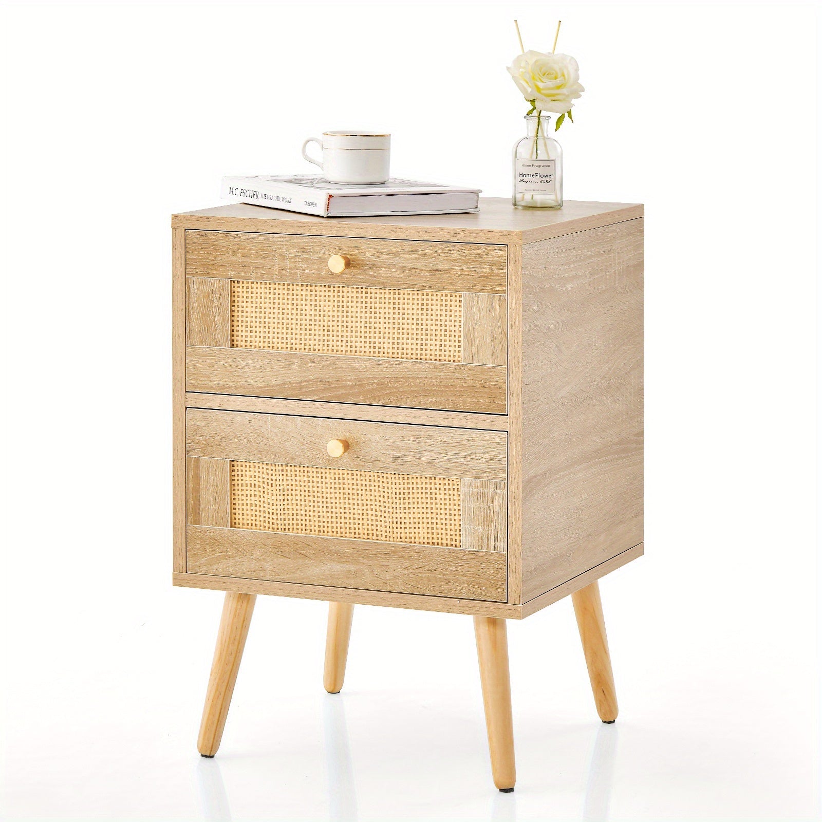 Rattan Nightstand Boho Accent Bedside Table with 2 Storage Drawers Natural