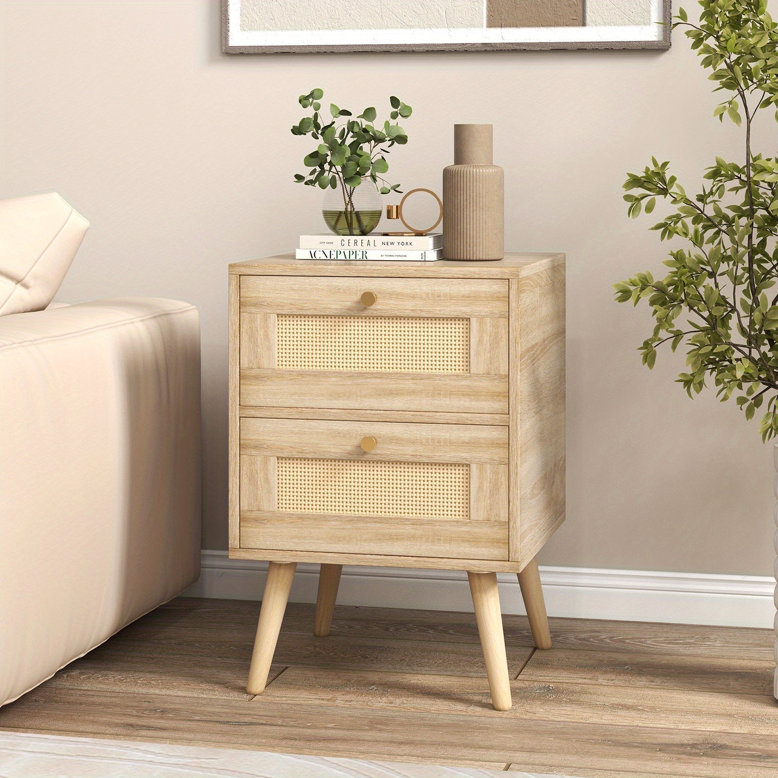 Rattan Nightstand Boho Accent Bedside Table with 2 Storage Drawers Natural