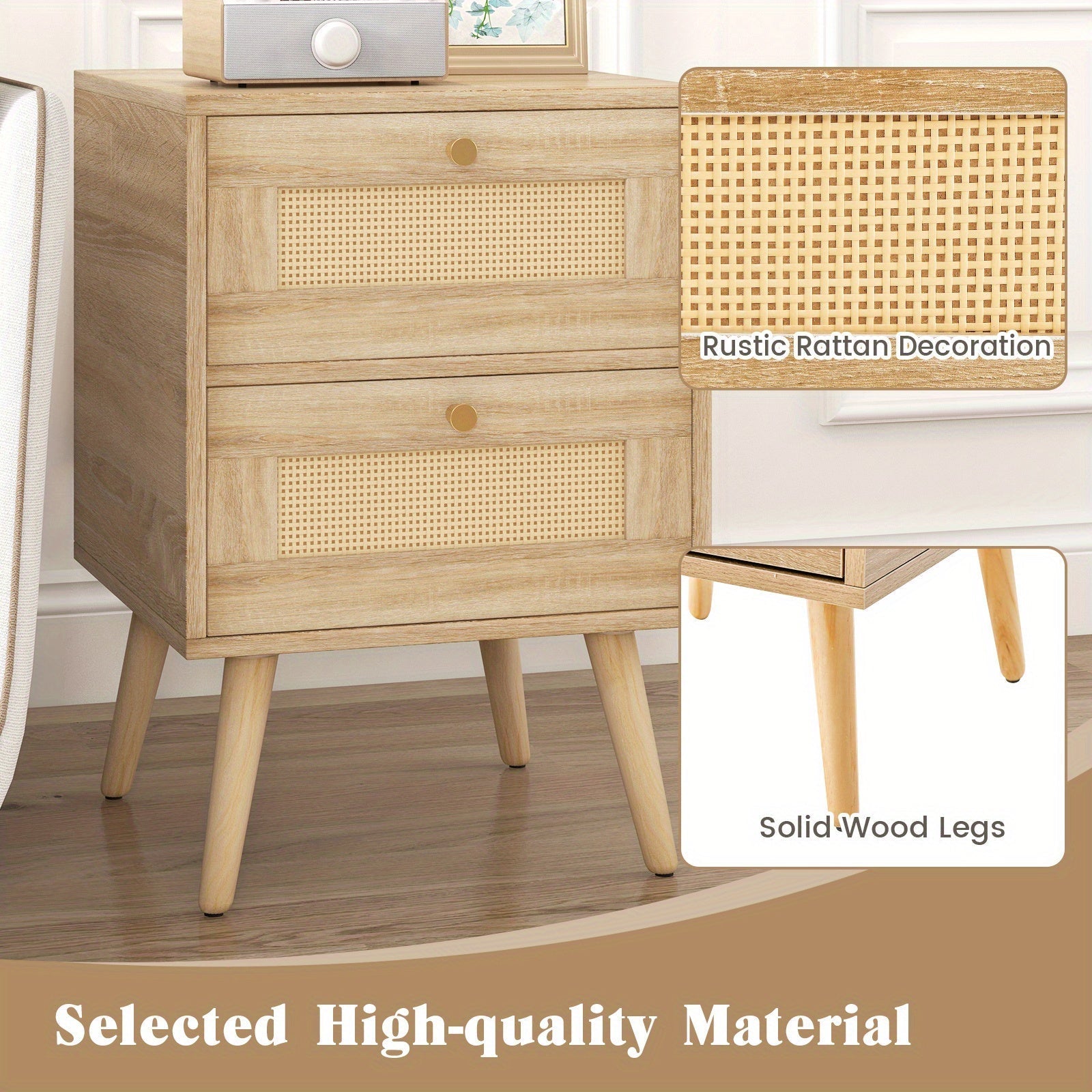 Rattan Nightstand Boho Accent Bedside Table with 2 Storage Drawers Natural