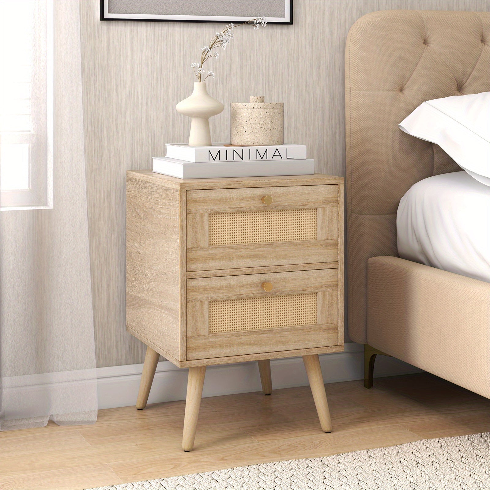 Rattan Nightstand Boho Accent Bedside Table with 2 Storage Drawers Natural