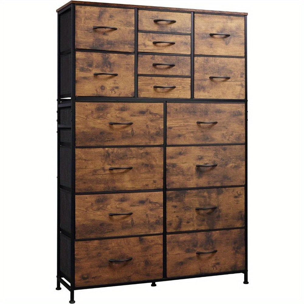 Tall Dresser for Bedroom, Fabric Dresser Storage Tower with 16 Drawers, Chest of Drawers Organizer Unit, Storage Cabinet, Hallway, Closets, Steel Frame, Rustic Brown Wood Grain Print