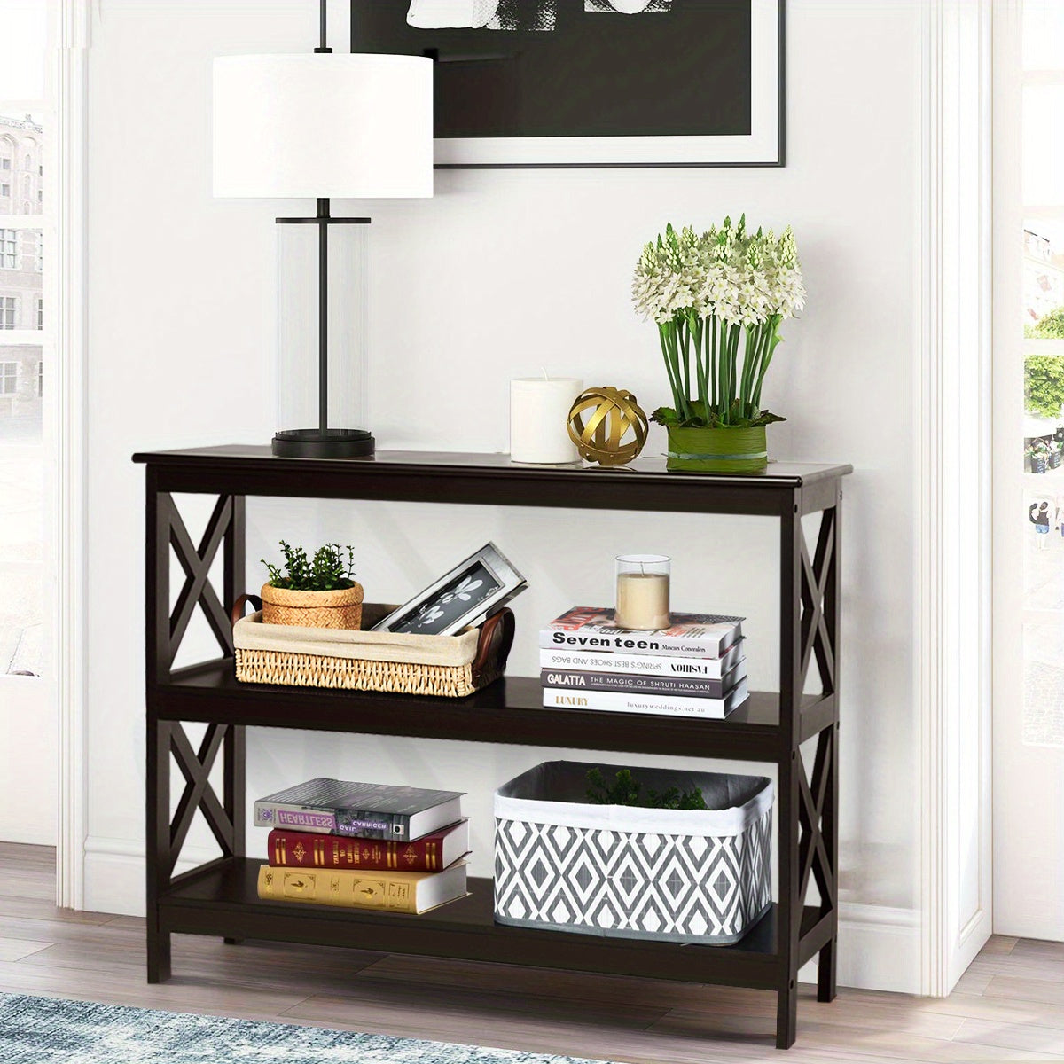 3-Tier Console Table X-Design Bookshelf Sofa Side Accent Table w/Shelf Espresso (76 cm)