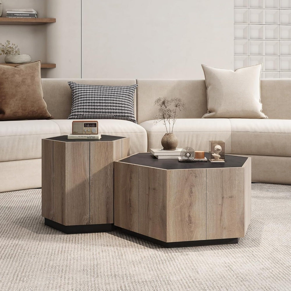 Hexagonal Coffee Tables with Drawer for living Room, Warm Gray and Black Center Table Apartment Furniture