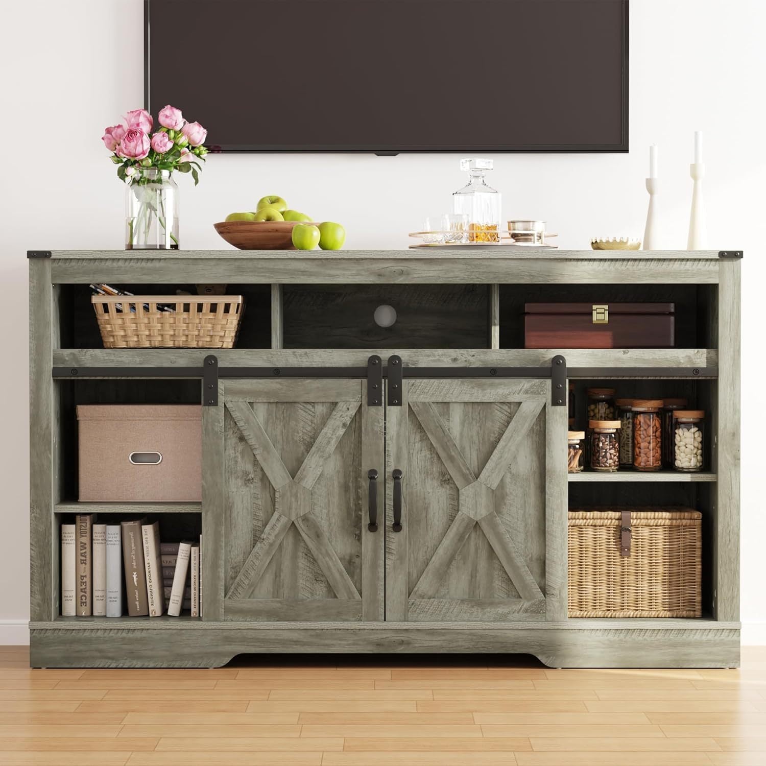 Farmhouse Fireplace TV Stand for 65+ Inch TV, Entertainment Center Modern Rustic TV Console with Sliding Bar Door for Living Room