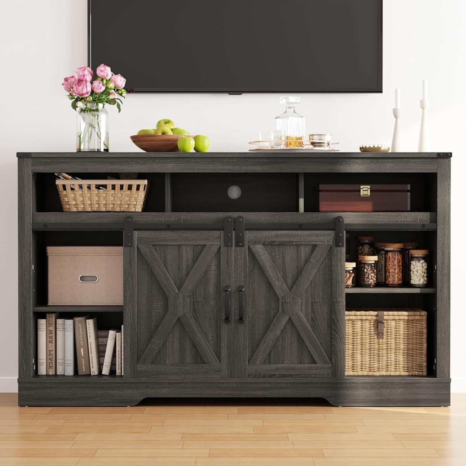 Farmhouse Fireplace TV Stand for 65+ Inch TV, Entertainment Center Modern Rustic TV Console with Sliding Bar Door for Living Room