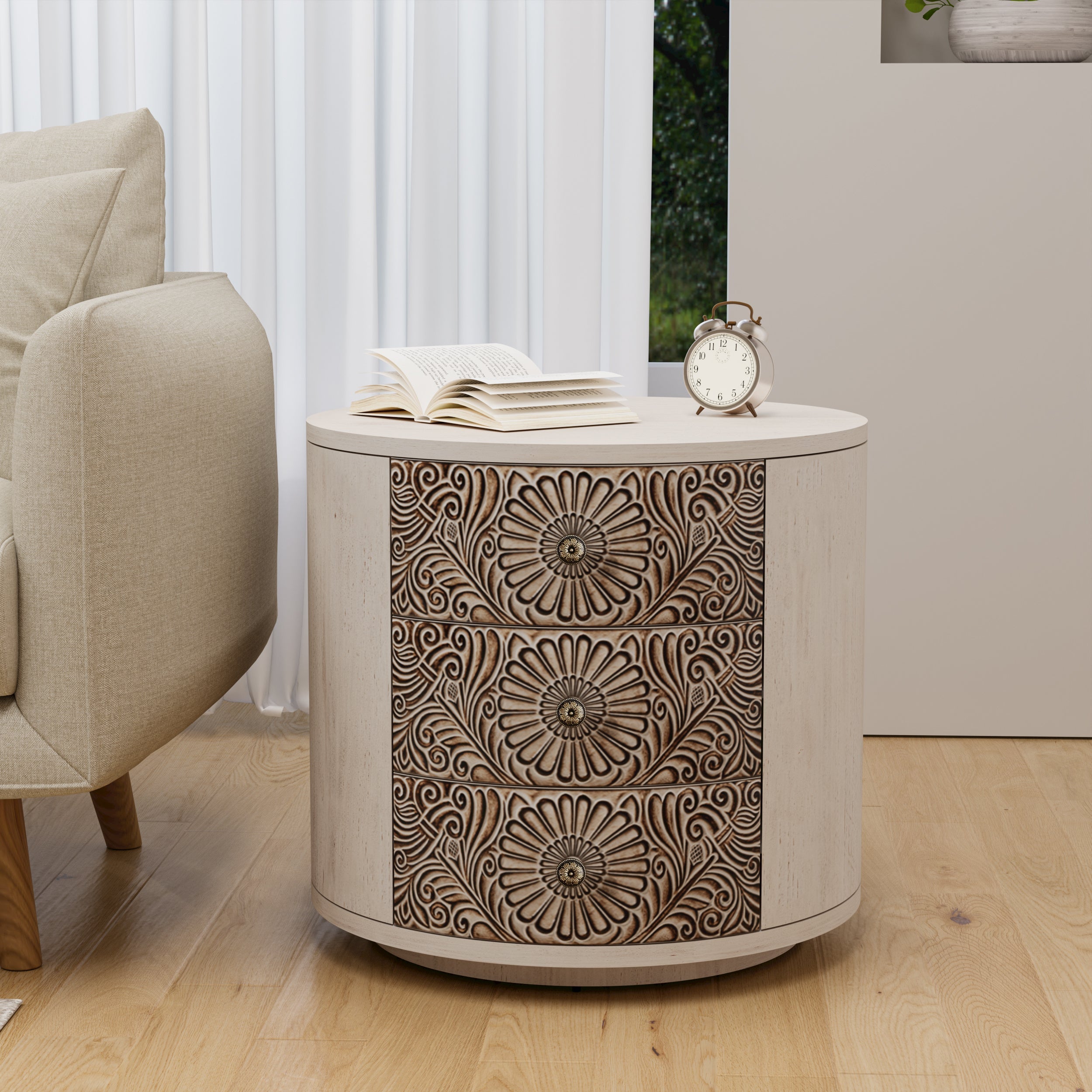 Vintage-Inspired 50cm Round End Table with 3 Drawers - Lightweight MDF, Space-Saving Design, Ideal for Living Room or Bedroom, Farmhouse Style Nightstand and Small Dresser, Brown & White, Table Decor