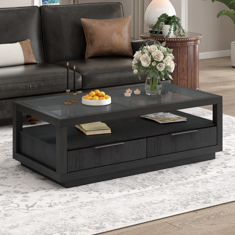 Modern Wood Coffee Table with 2 Drawers, Minimalist Display Coffee Table with Transparent Tempered Glass, Open Storage Shelf for Living Room