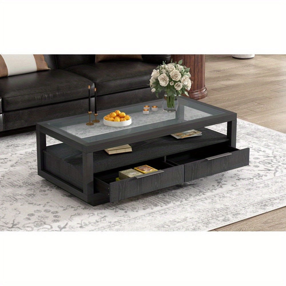 Modern Wood Coffee Table with 2 Drawers, Minimalist Display Coffee Table with Transparent Tempered Glass, Open Storage Shelf for Living Room