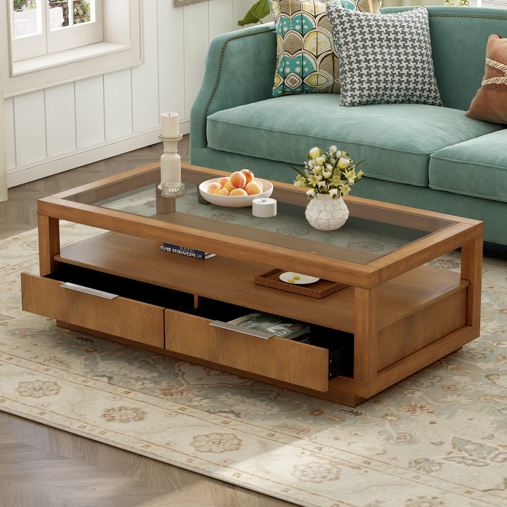 Modern Wood Coffee Table with 2 Drawers, Minimalist Display Coffee Table with Transparent Tempered Glass, Open Storage Shelf for Living Room