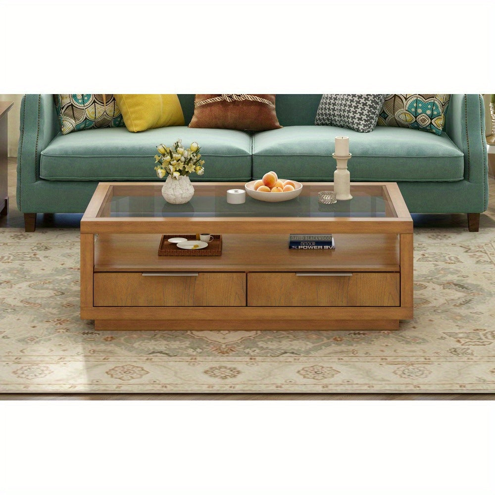 Modern Wood Coffee Table with 2 Drawers, Minimalist Display Coffee Table with Transparent Tempered Glass, Open Storage Shelf for Living Room