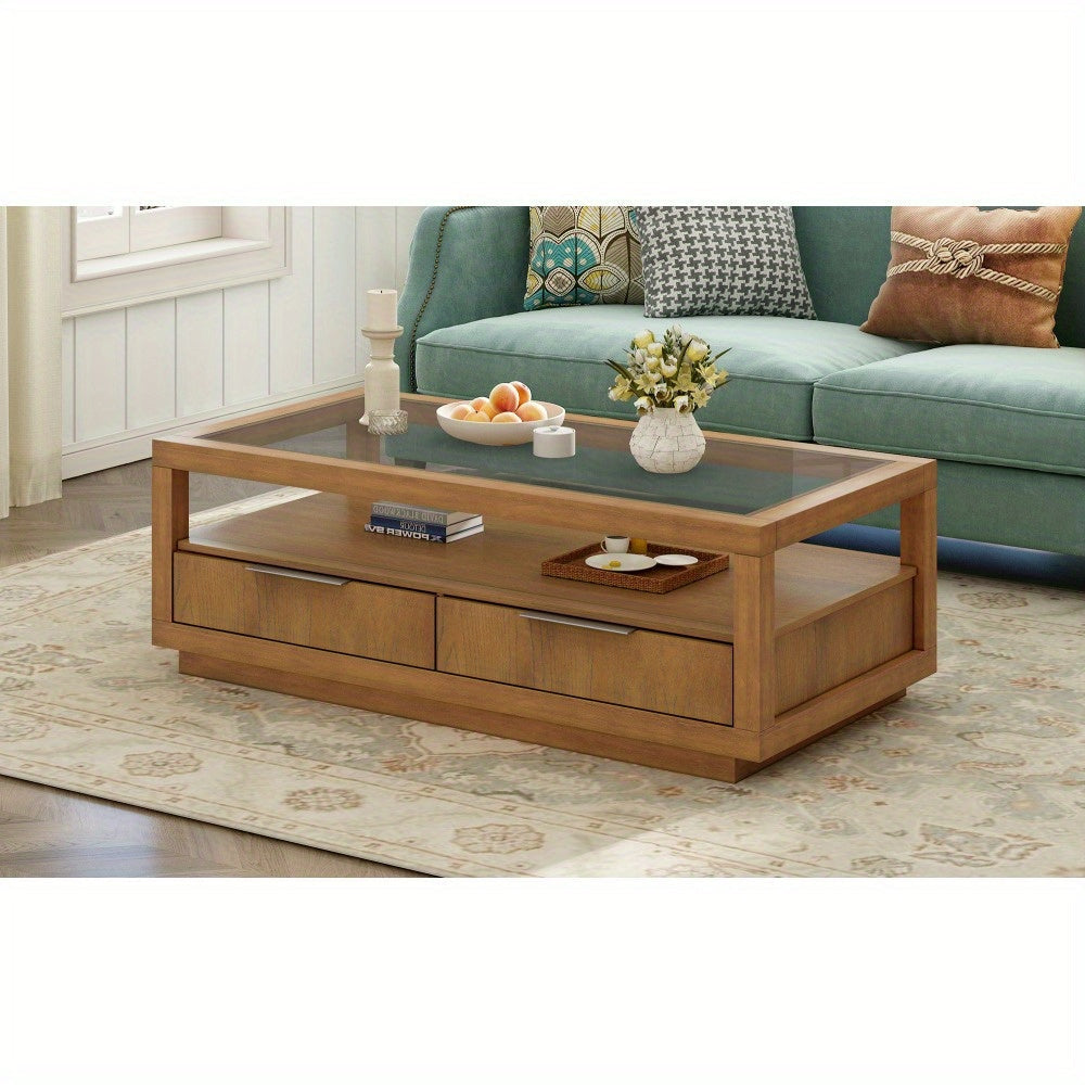 Modern Wood Coffee Table with 2 Drawers, Minimalist Display Coffee Table with Transparent Tempered Glass, Open Storage Shelf for Living Room