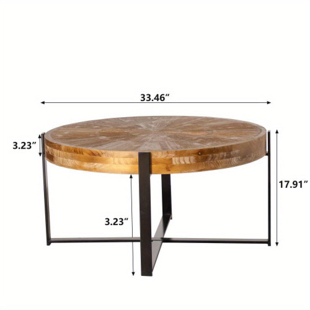 89cm Vintage Brushed Crafted Patchwork Round Coffee Table, Fir Top with Black Cross Leg Base