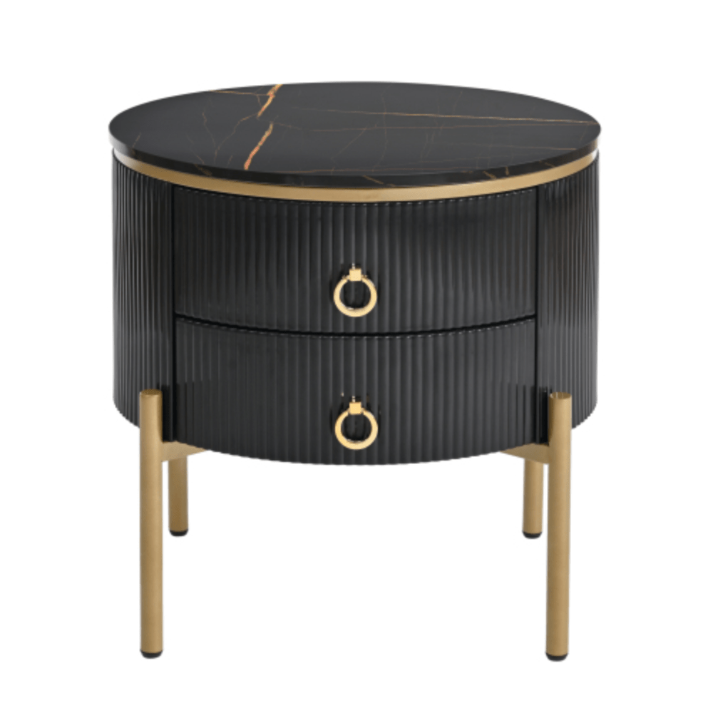 50cm Round End Table with Storage Drawers, Fluted Nightstand with High Gloss Faux Marble Tabletop, Modern Coffee Table with Metal Legs and Handles for Living Room