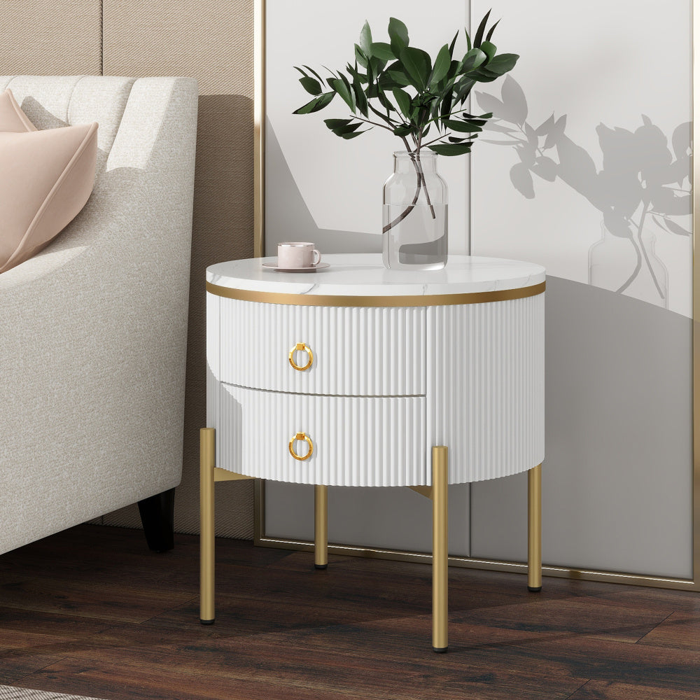 50cm Round End Table with Storage Drawers, Fluted Nightstand with High Gloss Faux Marble Tabletop, Modern Coffee Table with Metal Legs and Handles for Living Room