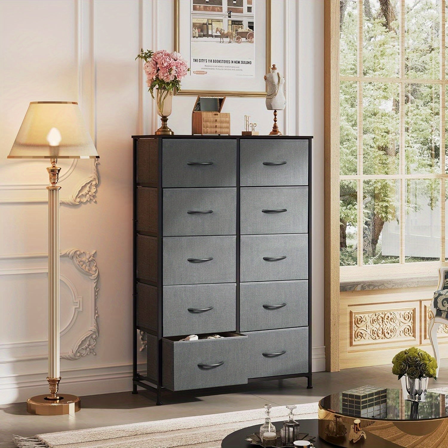 Dresser for Bedroom with 10 Fabric Drawers, Tall Chest Organizer Units for Clothing, Closet, Storage Tower with Cabinet, Metal Frame, Wooden Top, for Living Room, Bed Room, Closet, Entryway Storage Drawer Units