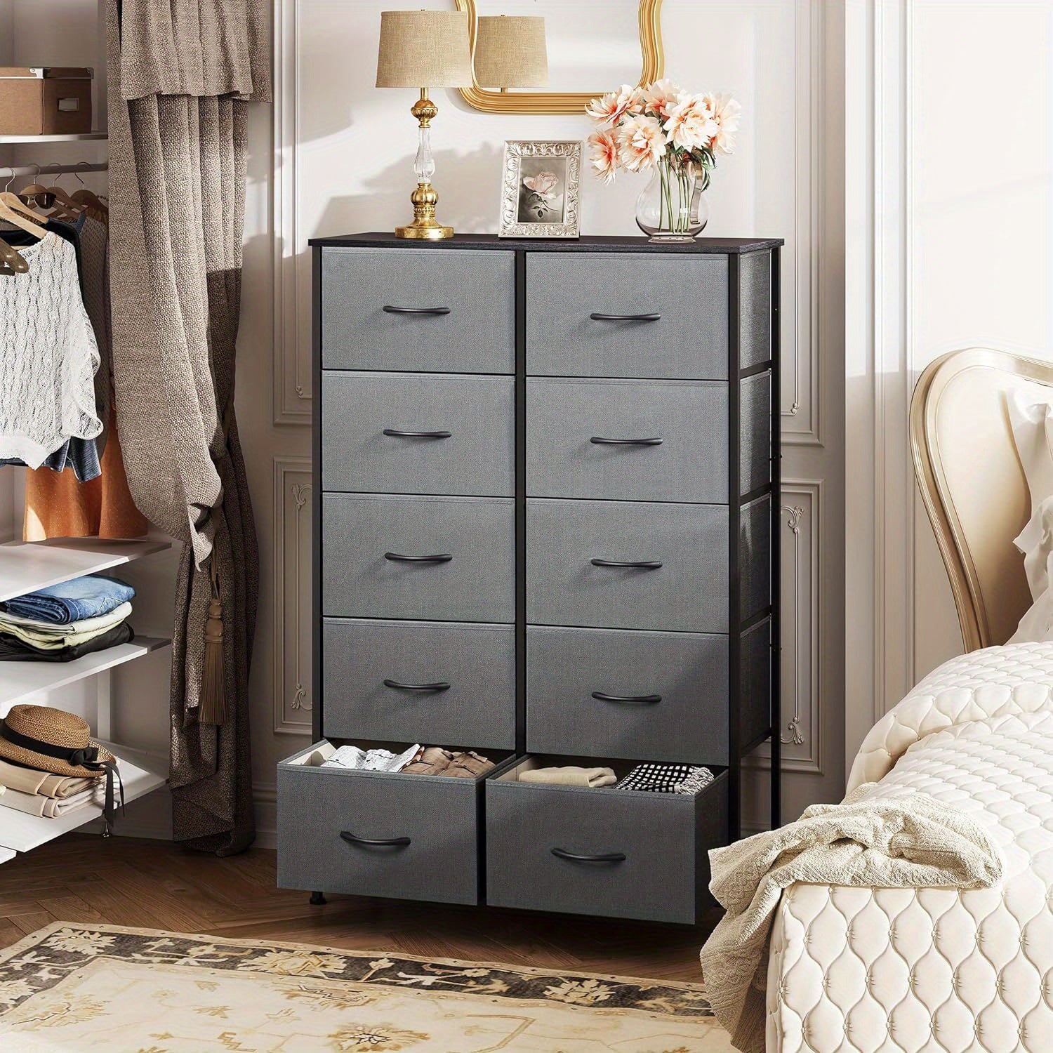 Dresser for Bedroom with 10 Fabric Drawers, Tall Chest Organizer Units for Clothing, Closet, Storage Tower with Cabinet, Metal Frame, Wooden Top, for Living Room, Bed Room, Closet, Entryway Storage Drawer Units