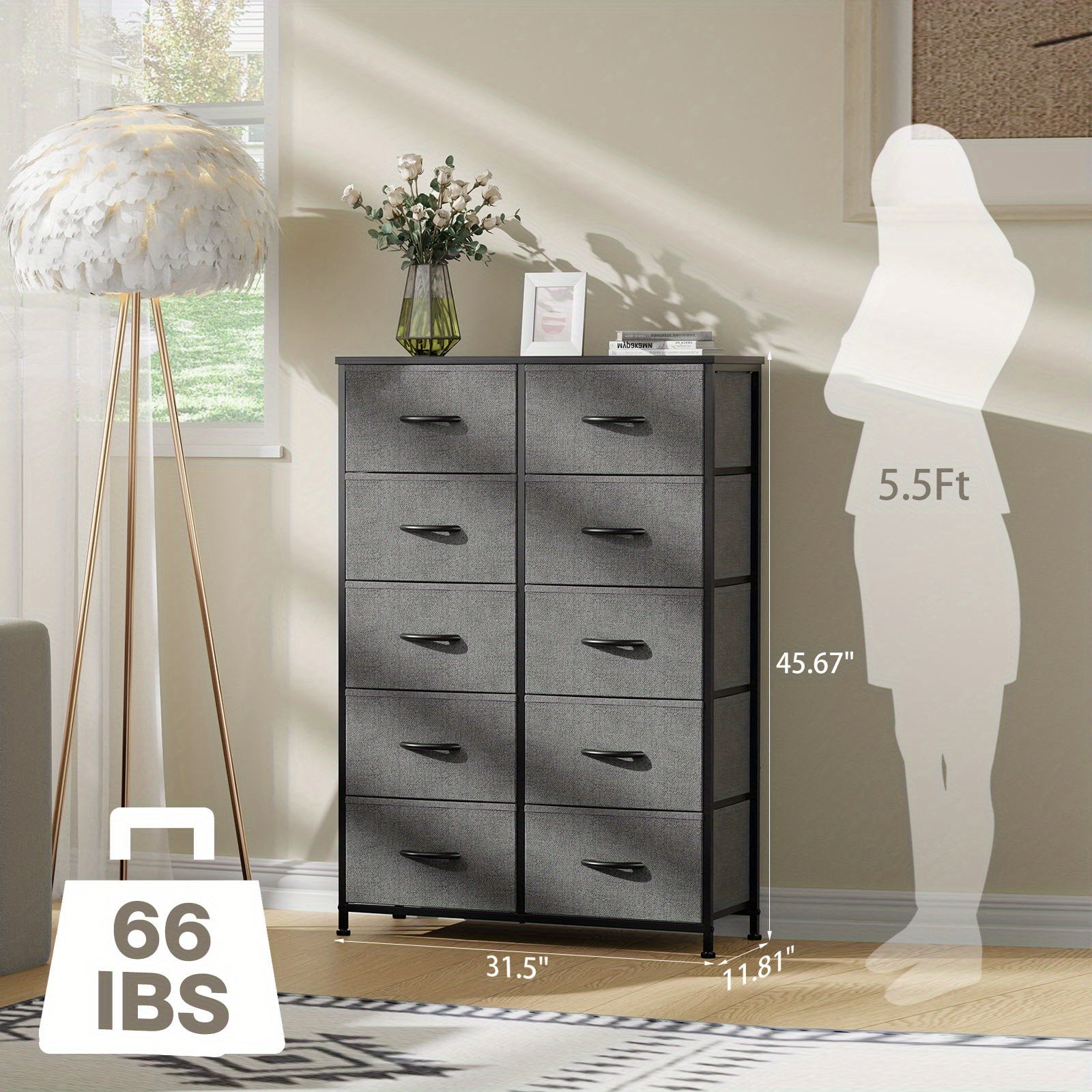 Dresser for Bedroom with 10 Fabric Drawers, Tall Chest Organizer Units for Clothing, Closet, Storage Tower with Cabinet, Metal Frame, Wooden Top, for Living Room, Bed Room, Closet, Entryway Storage Drawer Units