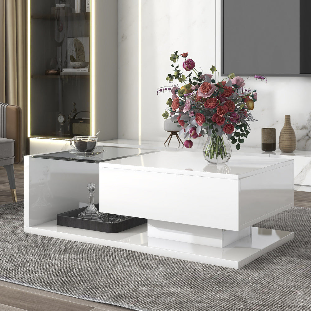 99cm Coffee Table with Tempered Glass, Modern Cocktail Table with High-Gloss UV Surface, Modernist 2-Tier Rectangle Center Table for Living Room