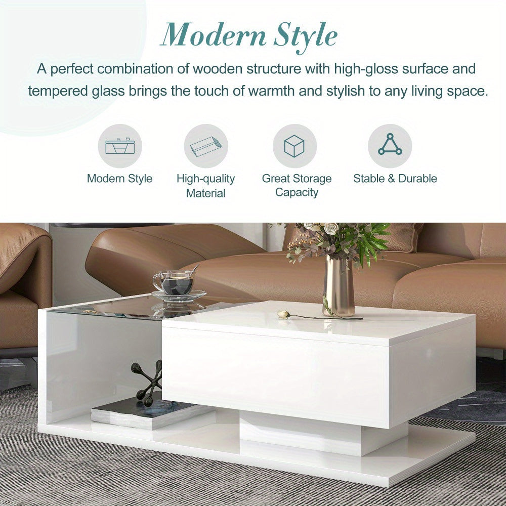 99cm Coffee Table with Tempered Glass, Modern Cocktail Table with High-Gloss UV Surface, Modernist 2-Tier Rectangle Center Table for Living Room