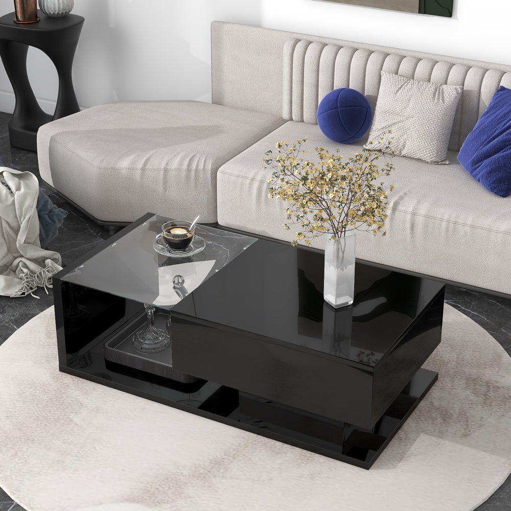 99cm Coffee Table with Tempered Glass, Modern Cocktail Table with High-Gloss UV Surface, Modernist 2-Tier Rectangle Center Table for Living Room