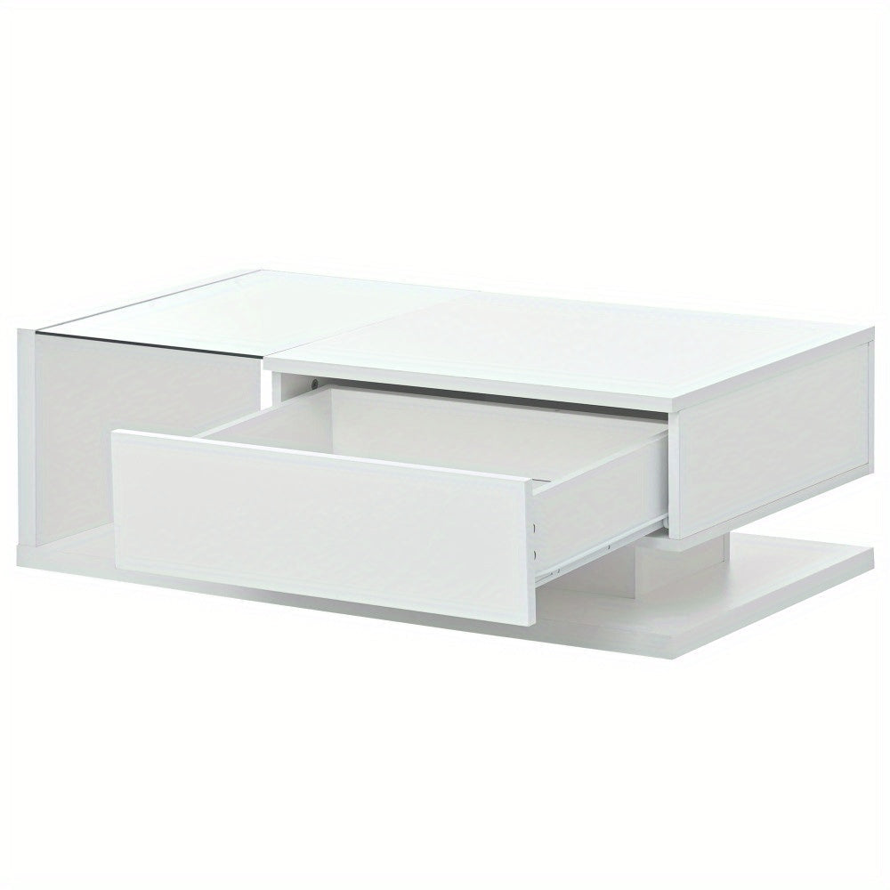 99cm Coffee Table with Tempered Glass, Modern Cocktail Table with High-Gloss UV Surface, Modernist 2-Tier Rectangle Center Table for Living Room