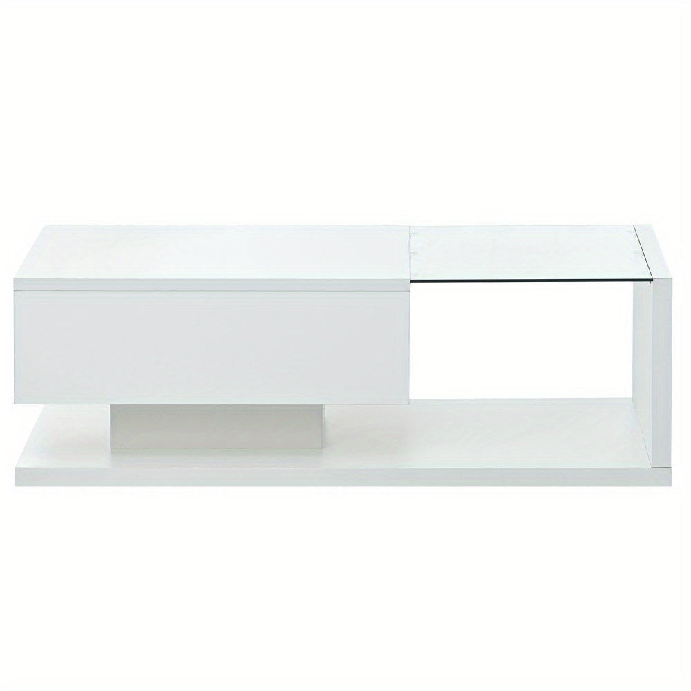 99cm Coffee Table with Tempered Glass, Modern Cocktail Table with High-Gloss UV Surface, Modernist 2-Tier Rectangle Center Table for Living Room