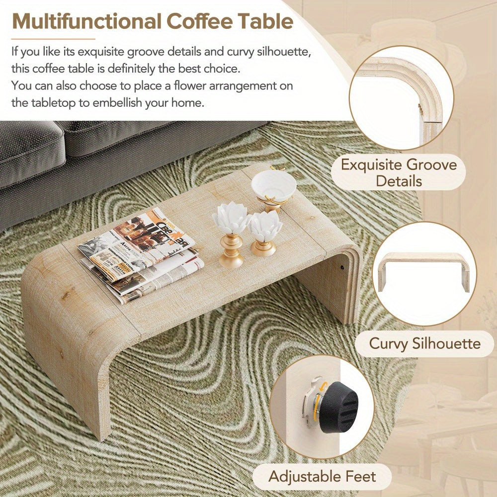 Minimalist Coffee Table with Curved Art Deco Design for Living Room or Dining Room (Natural Wood Wash)