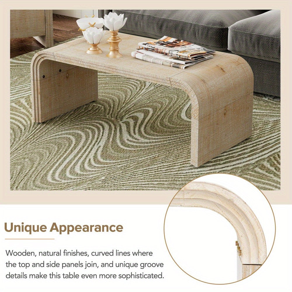 Minimalist Coffee Table with Curved Art Deco Design for Living Room or Dining Room (Natural Wood Wash)