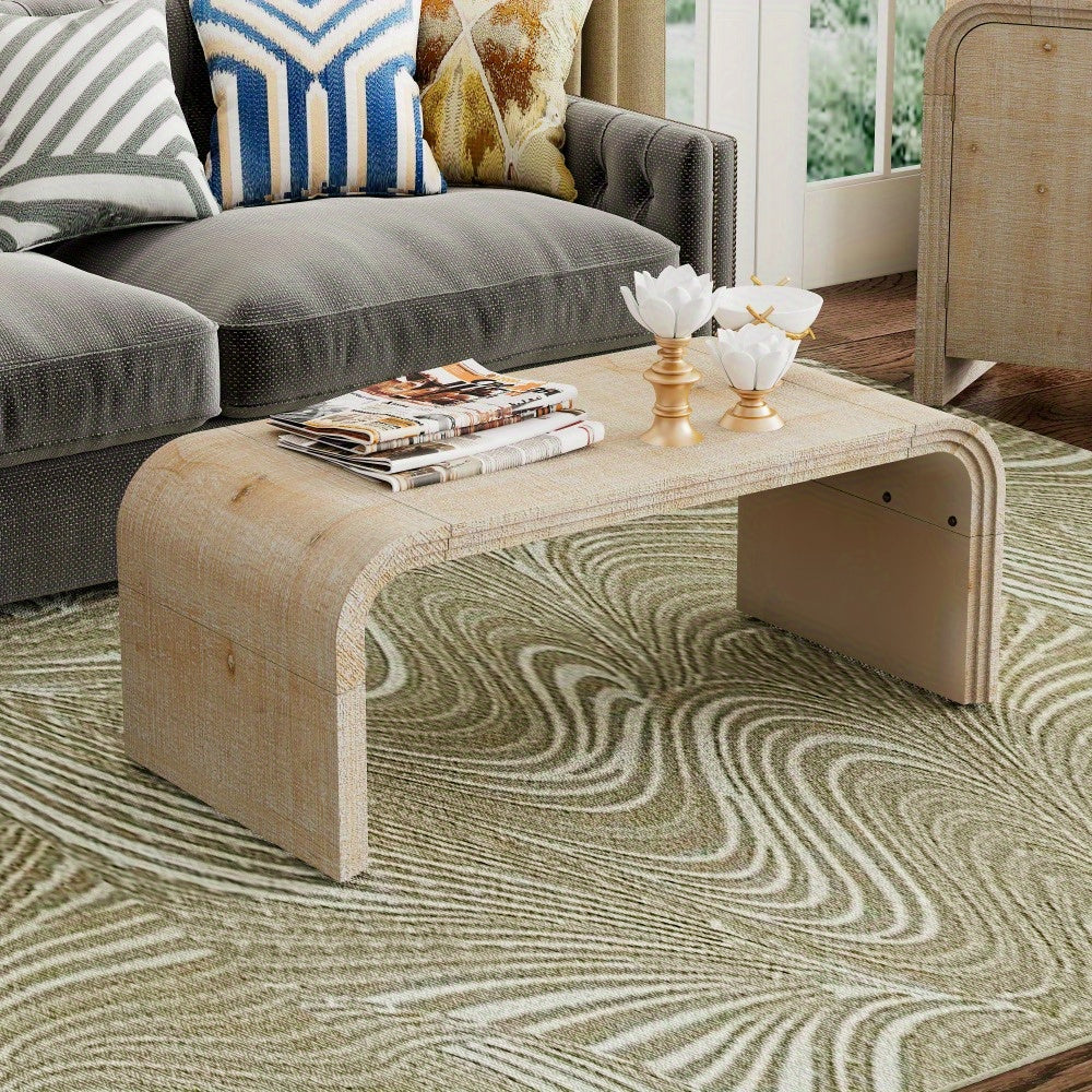 Minimalist Coffee Table with Curved Art Deco Design for Living Room or Dining Room (Natural Wood Wash)