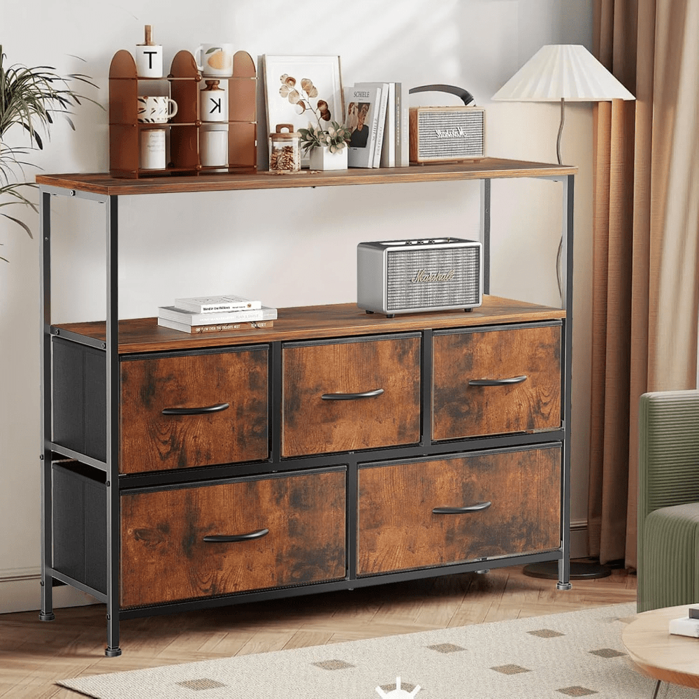 4 Colors Dresser for Bedroom with 5 Drawers, TV Stand Dresser for Bedroom Wood, Closet Fabric Dressers & Chest of Drawers with Metal Frame Rustic Brown, for Bedroom, Living Room, Entryway Storage Drawer Units