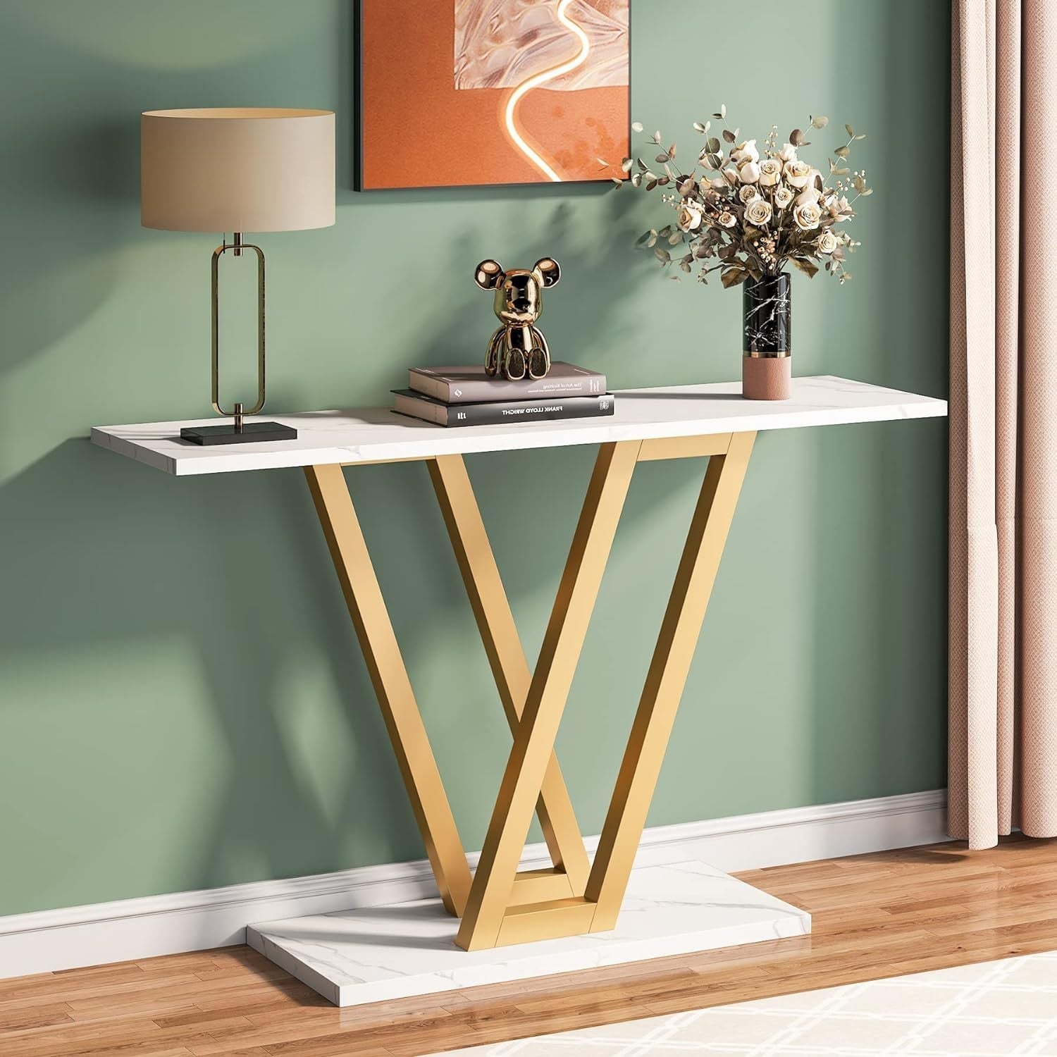 Golden Console Table, 109 cm Entryway Tables Narrow Sofa Table for Living Room, Modern Hallway Table for Entryway, Stable Metal Frame & Easy Assembly, Faux Marble White